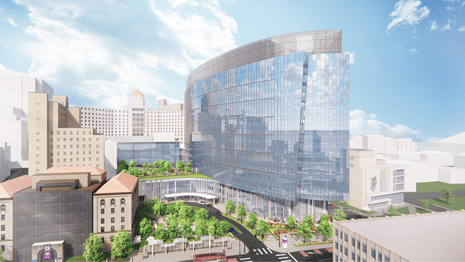 An exterior rendering of the UPMC Presbyterian expansion.
